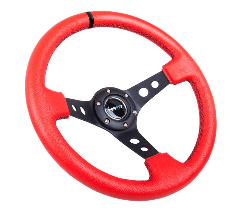 NRG Reinforced Steering Wheel (350mm / 3in. Deep) Red Suede w/Blk Circle Cutout Spokes - Corvette Realm