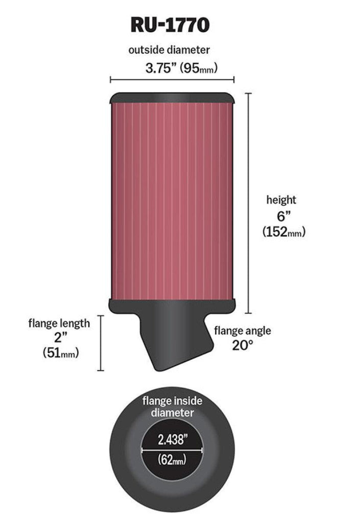 K&N Filter Universal Rubber Filter 2 7/16 inch 20 Degree Flange 3 3/4 inch OD 6 inch Height - Corvette Realm