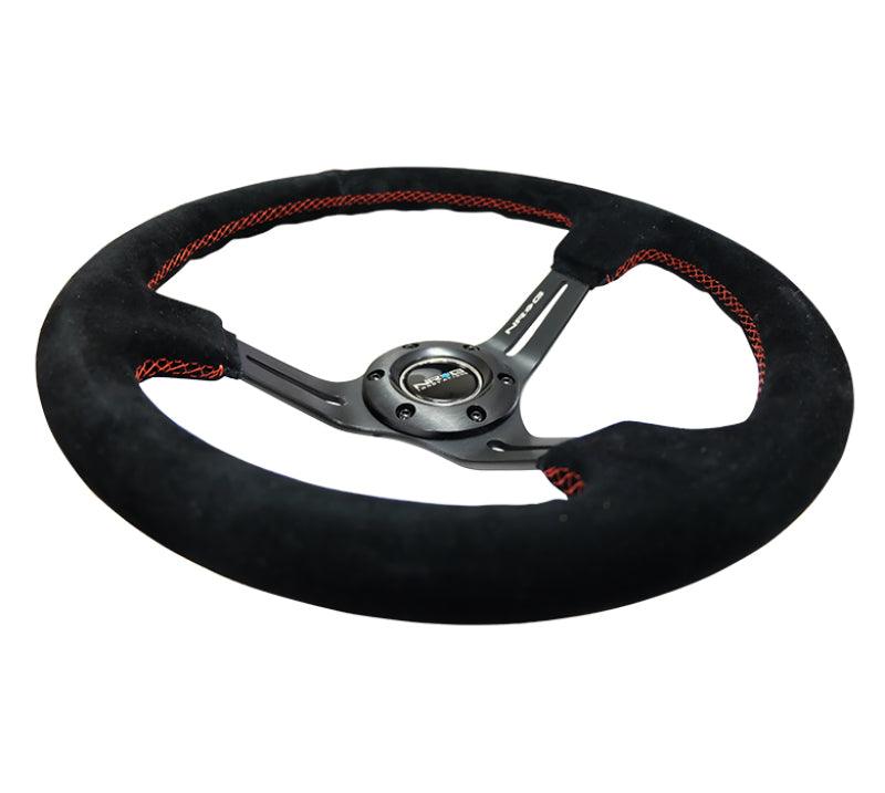 NRG Reinforced Steering Wheel (350mm / 3in. Deep) Blk Suede w/Red Stitching & 5mm Spokes w/Slits - Corvette Realm