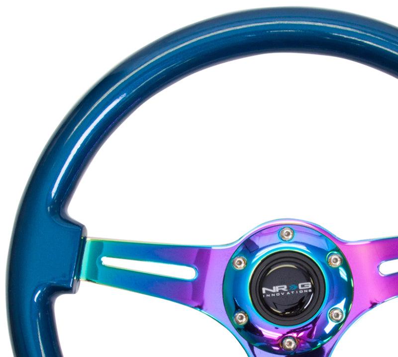 NRG Classic Wood Grain Steering Wheel (350mm) Blue Pearl/Flake Paint w/Neochrome 3-Spoke Center - Corvette Realm