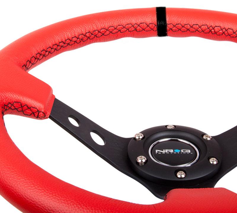 NRG Reinforced Steering Wheel (350mm / 3in. Deep) Red Suede w/Blk Circle Cutout Spokes - Corvette Realm