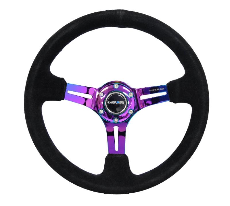 NRG Reinforced Steering Wheel (350mm / 3in. Deep) Blk Suede/Blk Stitch w/Neochrome Slits - Corvette Realm