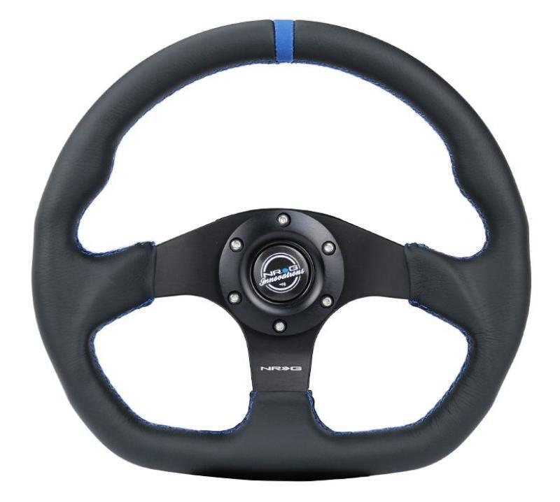 NRG Reinforced Steering Wheel (320mm) Sport Leather Flat Bottom w/ Blue Center/ Blue Stitching - Corvette Realm