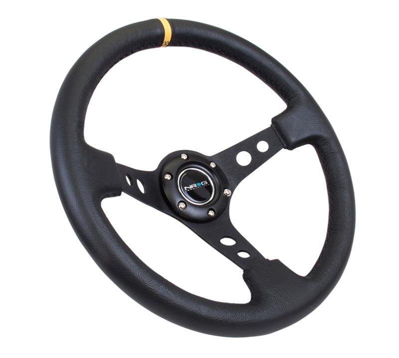 NRG Reinforced Steering Wheel (350mm / 3in. Deep) Blk Leather w/Blk Cutout Spoke/Yellow Center Mark - Corvette Realm