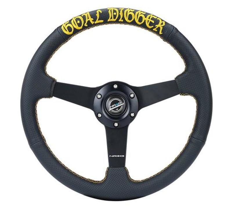 NRG Sport Steering Wheel (350mm / 1.5in Deep) Black Leather/Gold Stitch w/Matte Black Solid Spokes - Corvette Realm