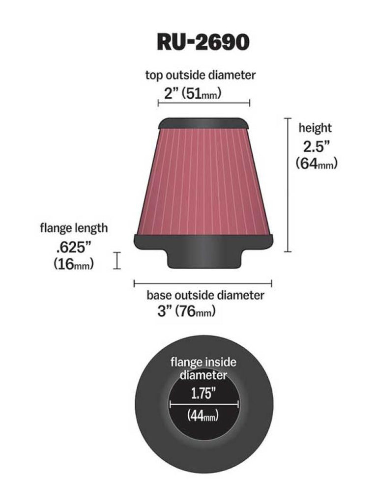 K&N Filter Universal Rubber Filter 1 3/4 inch Flange 3 inch Base 2 inch Top 2.5 inch Height - Corvette Realm