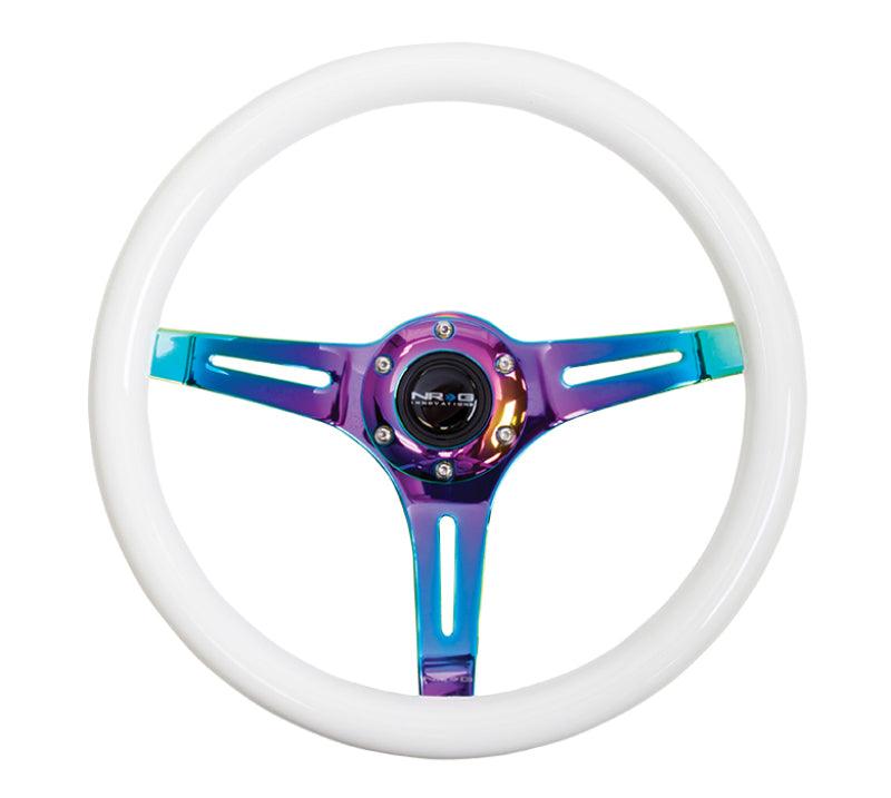 NRG Classic Wood Grain Steering Wheel (350mm) Glow-N-The-Dark Green Grip w/Neochrome 3-Spoke Center - Corvette Realm