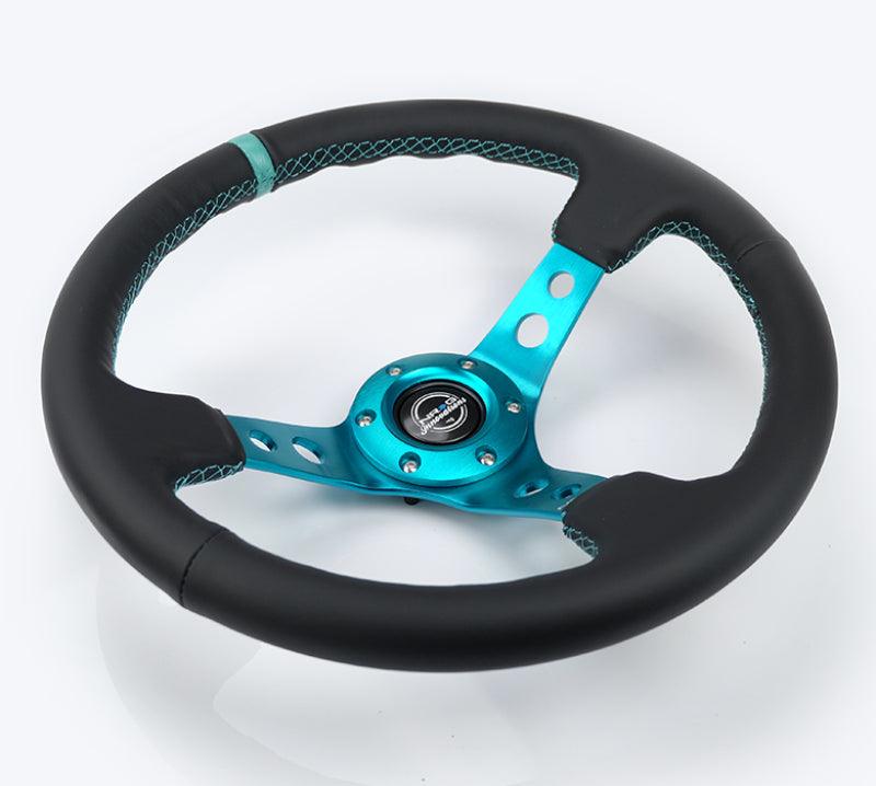 NRG Reinforce Steering Wheel (350mm / 3in. Deep) Blk Leather, Teal Center Mark w/ Teal Stitching - Corvette Realm