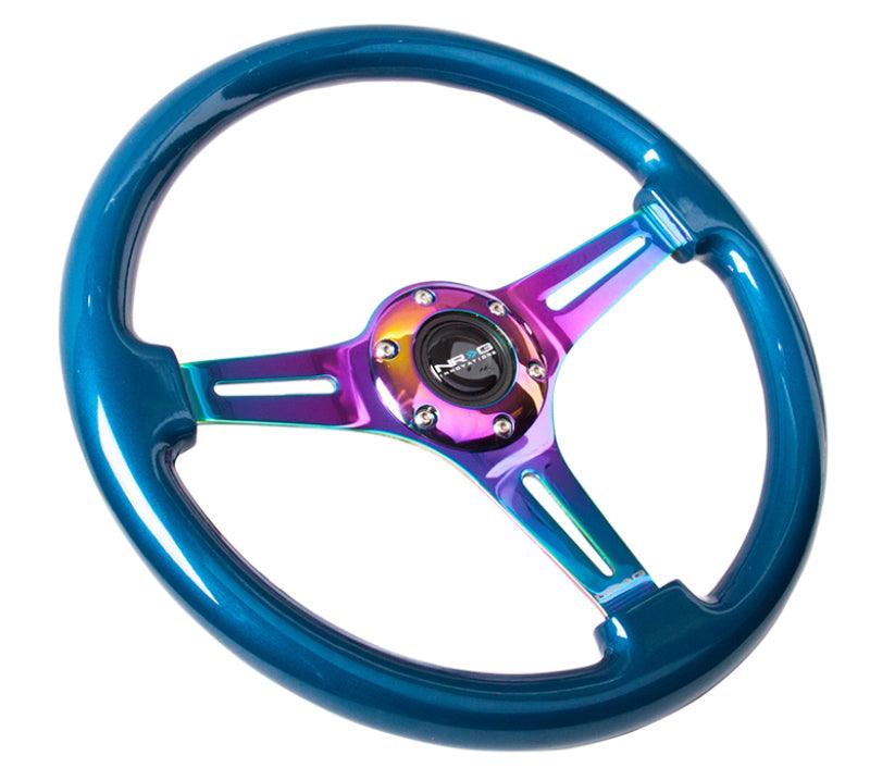 NRG Classic Wood Grain Steering Wheel (350mm) Blue Pearl/Flake Paint w/Neochrome 3-Spoke Center - Corvette Realm