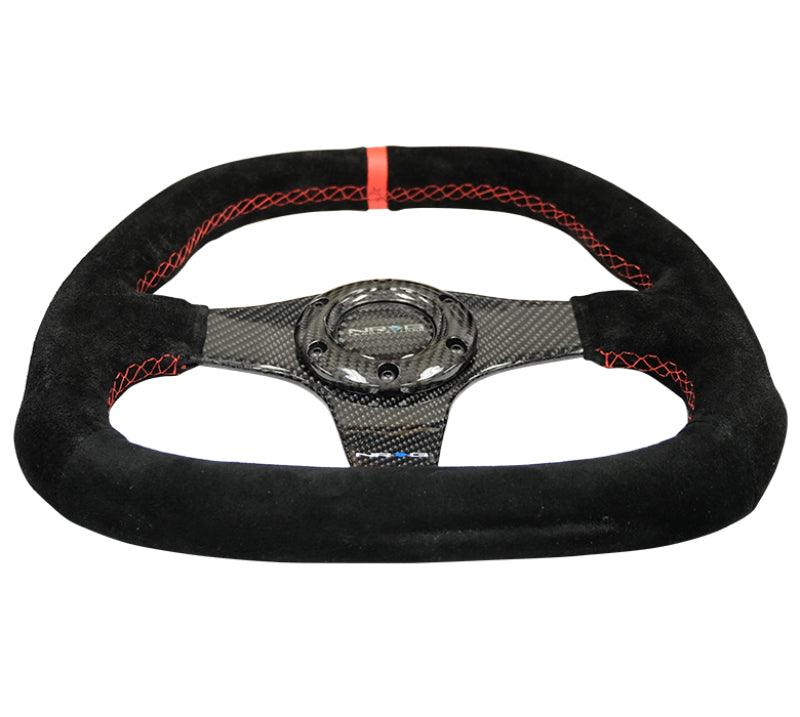 NRG Carbon Fiber Steering Wheel (320mm) Flat Btm. Blk Suede/Red Stitch w/CF Spokes & Red Center Mark - Corvette Realm