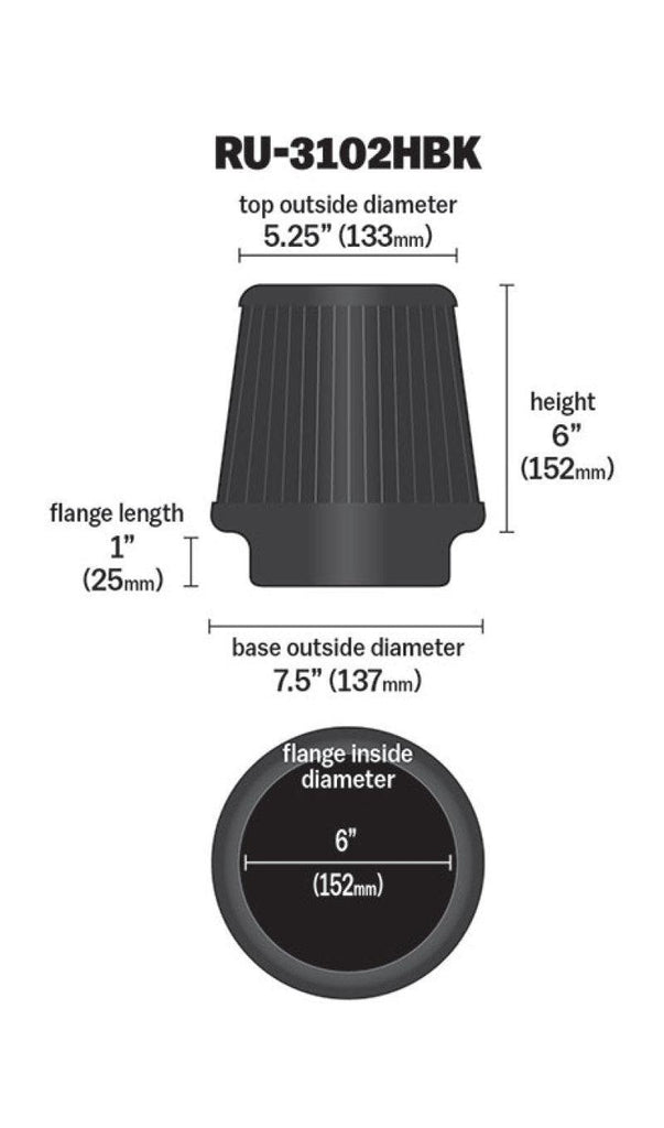 K&N Universal Rubber Filter Round Tapered 6in Flange ID x 7.5in Base OD x 5.25in Top OD x 6in Height - Corvette Realm