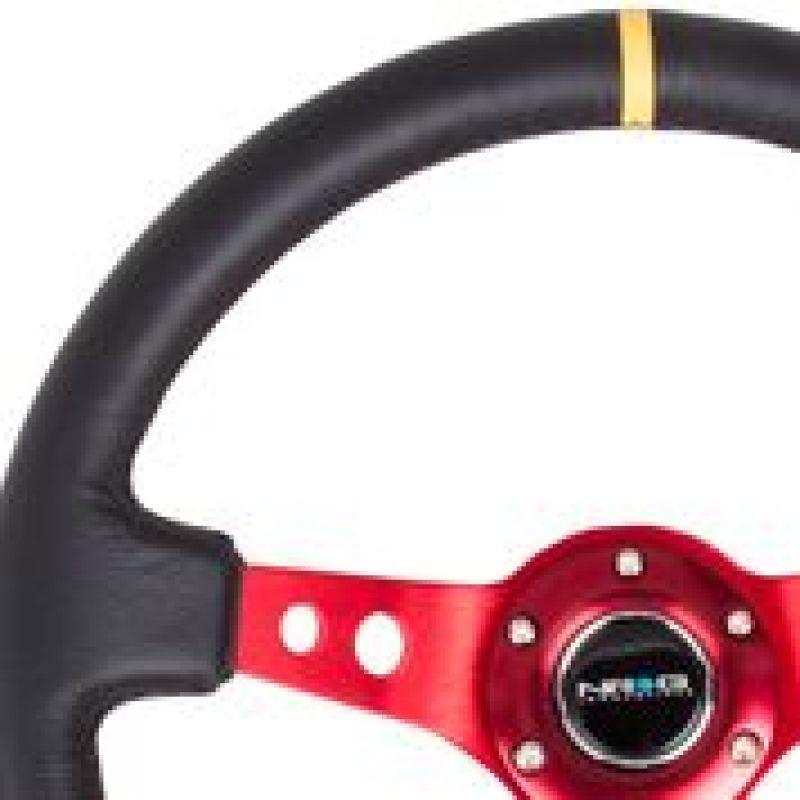 NRG Reinforced Steering Wheel (350mm / 3in. Deep) Blk Leather w/Red Spokes & Sgl Yellow Center Mark - Corvette Realm