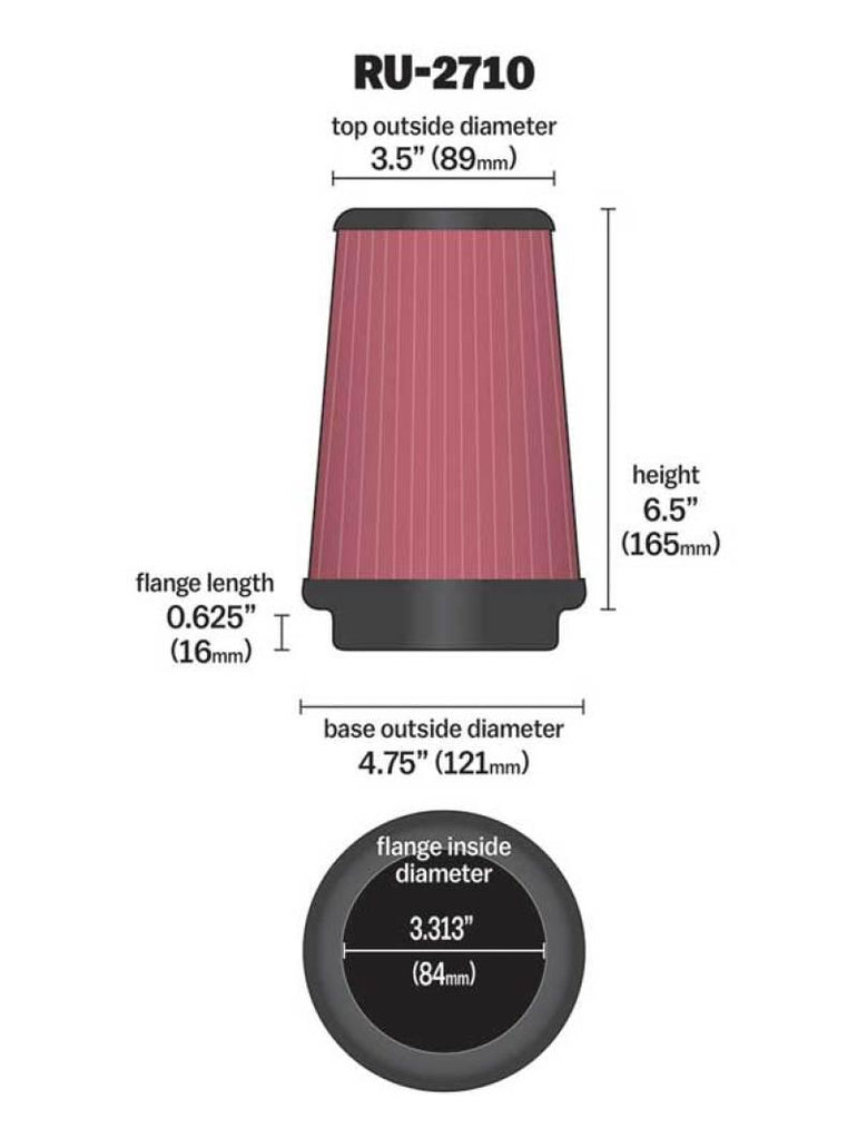 K&N Universal Rubber Filter Round Tprd 3.313in Flange ID x 4.75in Base OD x 3.5in Top OD x 6.5in H - Corvette Realm