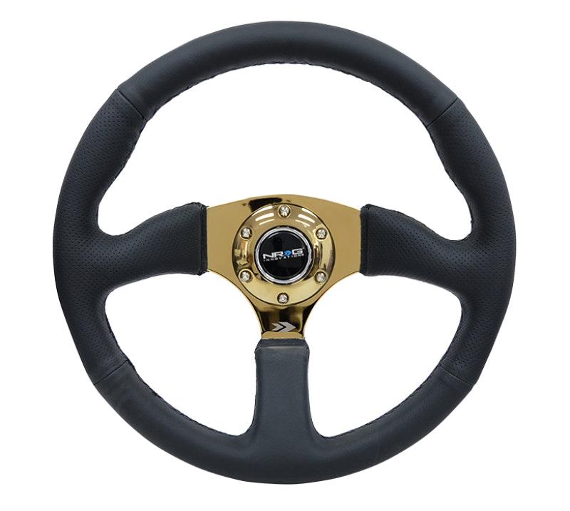 NRG Reinforced Steering Wheel (350mm / 2.5in. Deep) Leather Race Comfort Grip w/4mm Gold Spokes - Corvette Realm