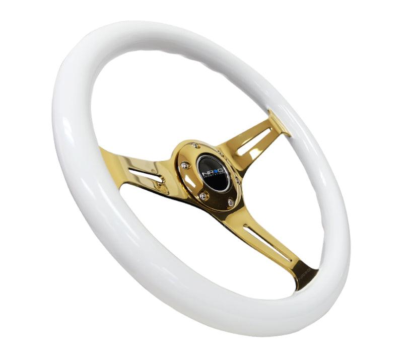 NRG Classic Wood Grain Steering Wheel (350mm) White Grip w/Chrome Gold 3-Spoke Center - Corvette Realm