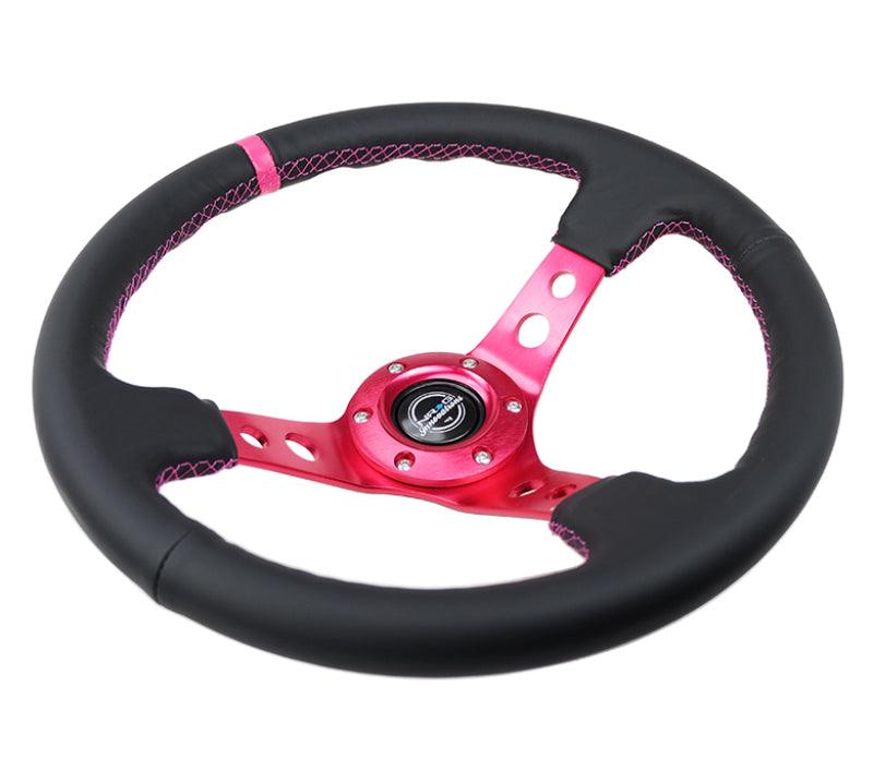 NRG Reinforced Steering Wheel (350mm/3in. Deep) Black Leather/ Fushia Center Mark/ Fushia Stitching - Corvette Realm