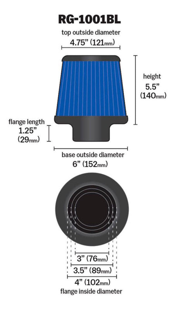 K&N Universal Air Filter Chrome Round Tapered Blue - 4in Flange ID x 1.125in Flange Length x 5.5in H - Corvette Realm