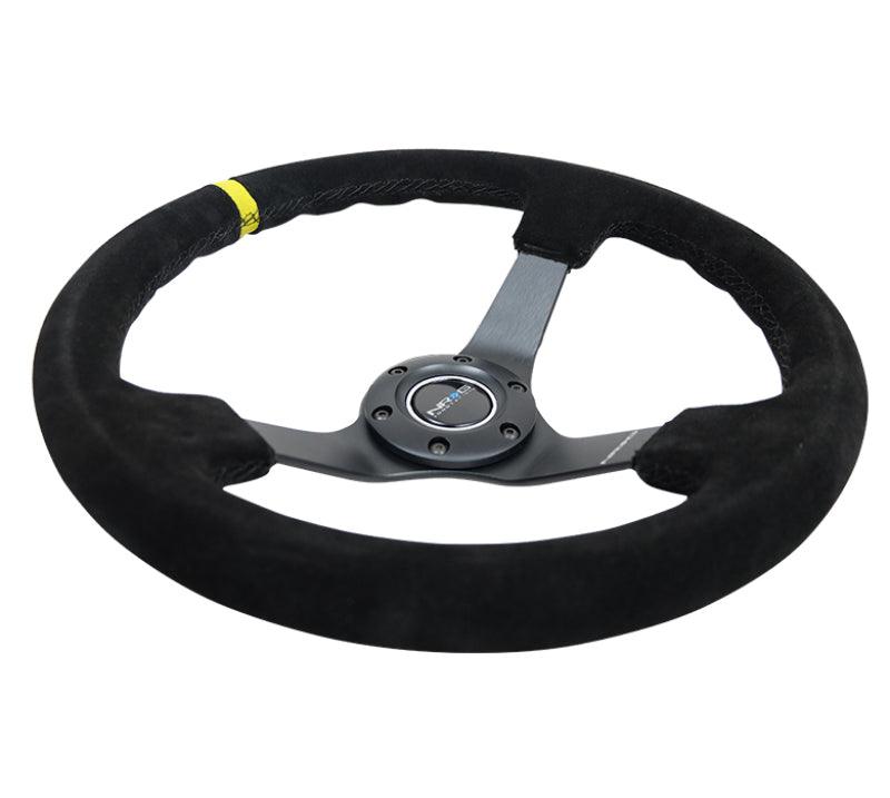 NRG Reinforced Steering Wheel (350mm / 3in. Deep) Blk Suede/X-Stitch w/5mm Blk Spoke & Yellow CM - Corvette Realm