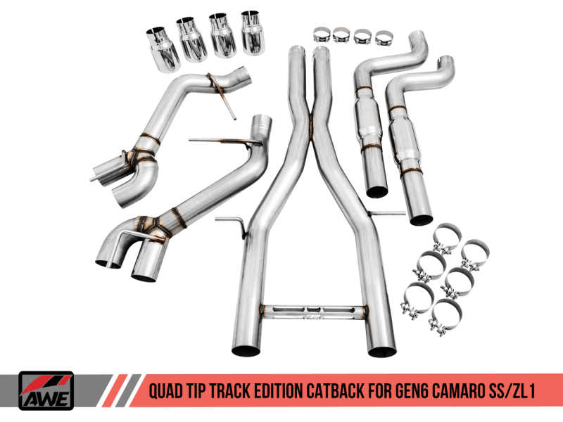 AWE Tuning 16-19 Chevy Camaro SS Non-Res Cat-Back Exhaust - Track Edition (Quad Chrome Silver Tips) - Corvette Realm