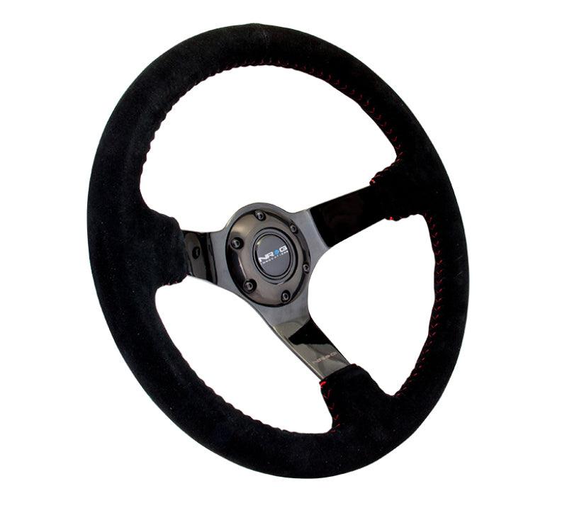 NRG Reinforced Steering Wheel (350mm / 3in. Deep) Blk Suede w/Red BBall Stitch & Black 3-Spoke - Corvette Realm