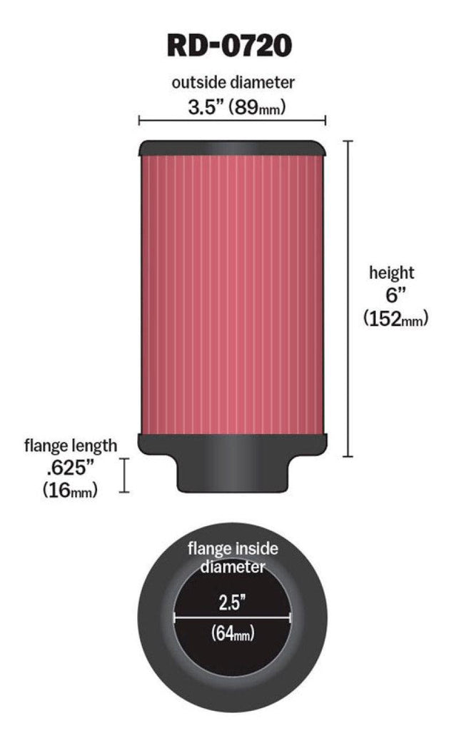 K&N Universal Rubber Filter 2.5in Flange ID x 3.5in OD x 6in Height - Corvette Realm