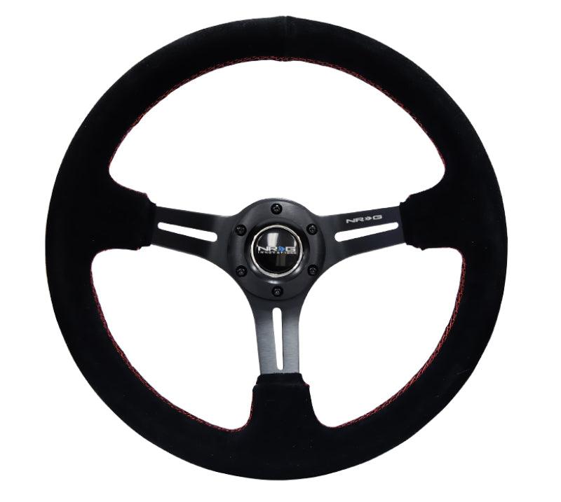 NRG Reinforced Steering Wheel (350mm / 3in. Deep) Blk Suede w/Red Stitching & 5mm Spokes w/Slits - Corvette Realm