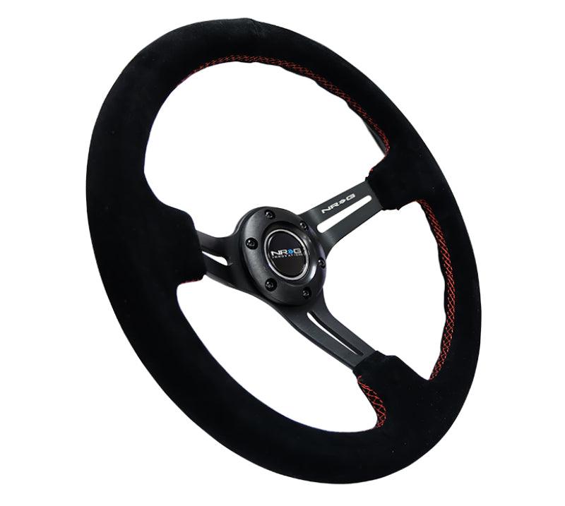 NRG Reinforced Steering Wheel (350mm / 3in. Deep) Blk Suede w/Red Stitching & 5mm Spokes w/Slits - Corvette Realm