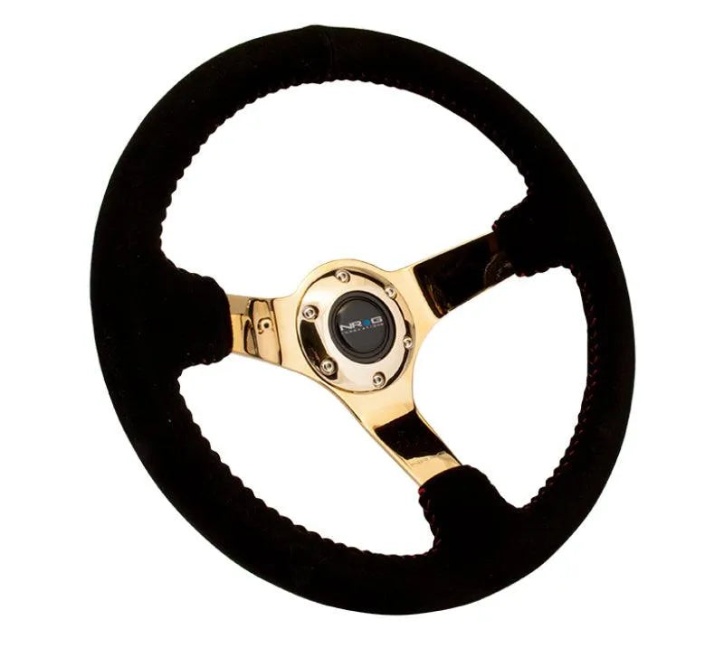 NRG Reinforced Steering Wheel (350mm / 3in. Deep) Blk Suede w/Red BBall Stitch & Chrome Gold 3-Spoke - Corvette Realm