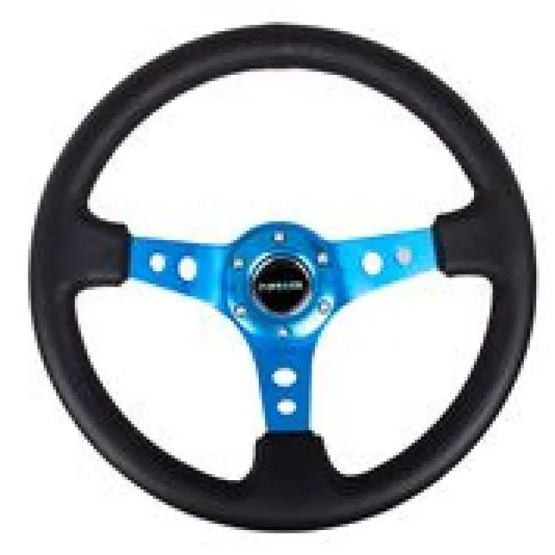 NRG Reinforced Steering Wheel (350mm / 3in. Deep) Blk Leather w/Blue Circle Cutout Spokes - Corvette Realm